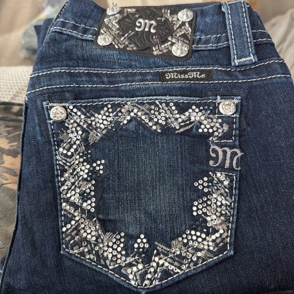 Miss Me Women’s Jeans 28 Mid Rise Easy Boot Dark Wash Embellished Rhinestone Y2K